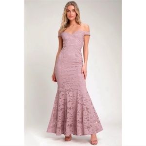 Lulus' Swept Up Lavender Lace Off the Shoulders Maxi Dress